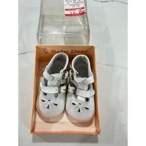 Baby Deer White Leather Mary Jane‎ Shoes Buckle Cutout Floral Size 0